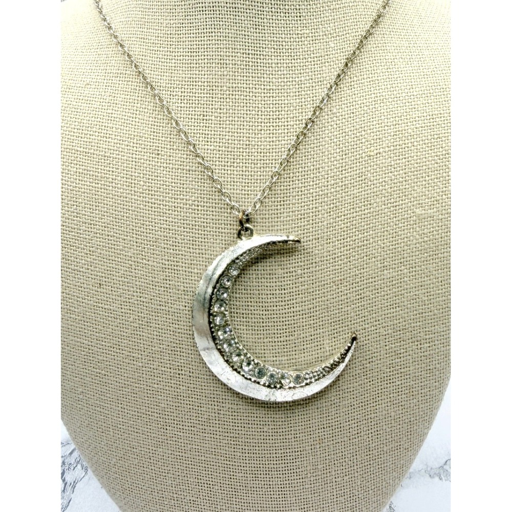 Silver Tone Rhinestone‎ Crescent Moon Pendant Necklace 24–27" Celestial